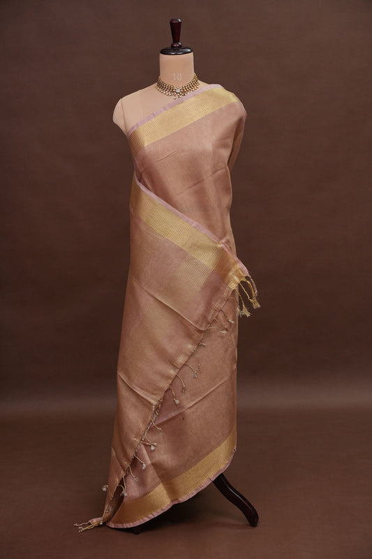 Tissue Linen Silk Saree – Soft Blush Beige with Classic Gold Zari Border