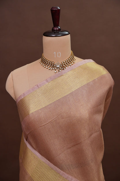 Tissue Linen Silk Saree – Soft Blush Beige with Classic Gold Zari Border