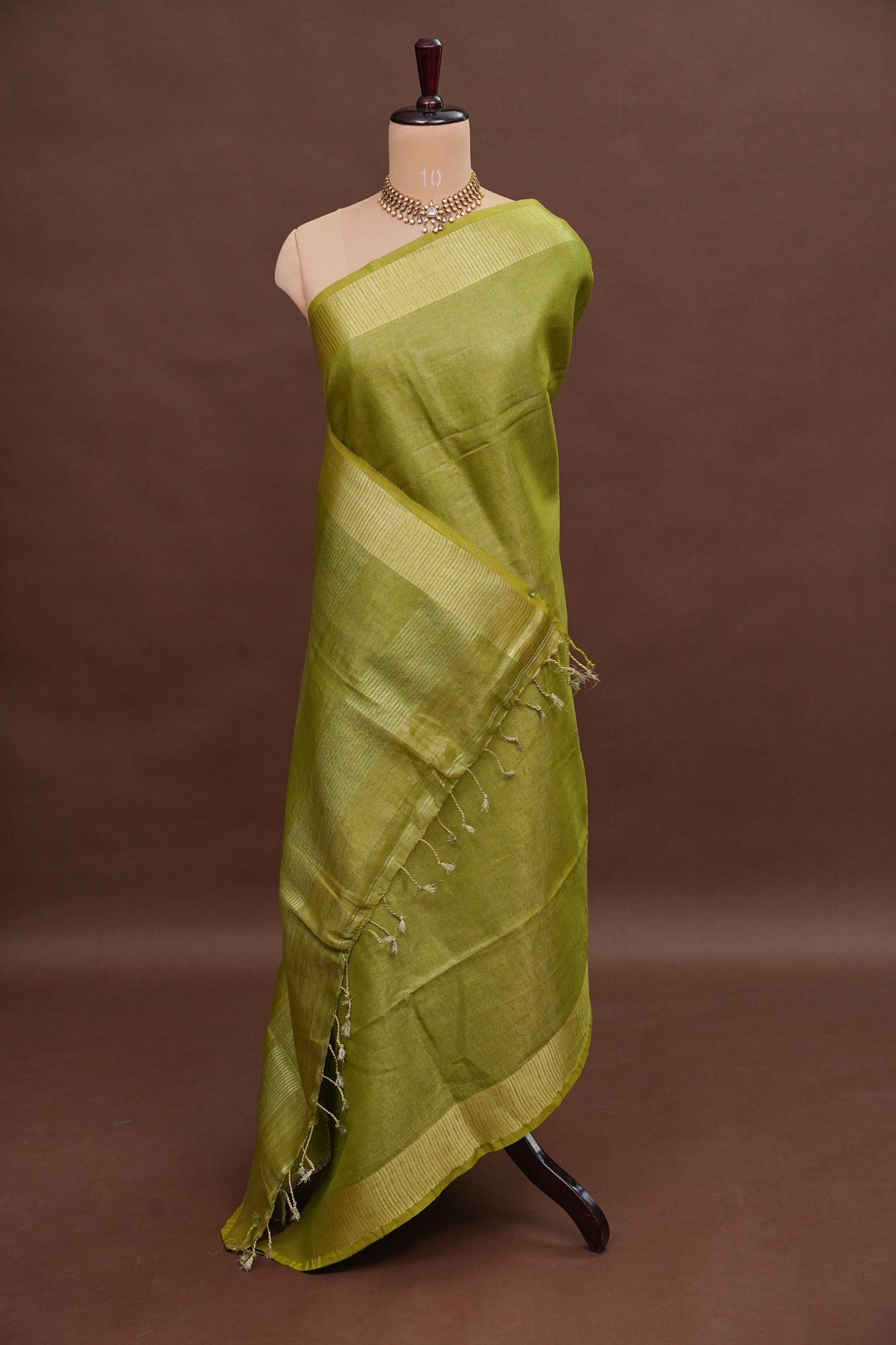 Tissue Linen Silk Saree – Olive Green with Subtle Zari Border