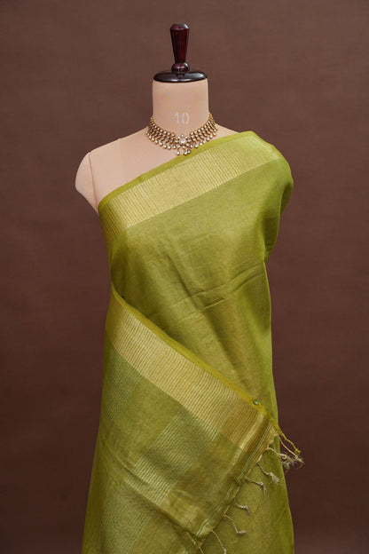 Tissue Linen Silk Saree – Olive Green with Subtle Zari Border