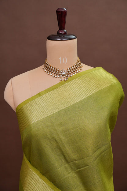 Tissue Linen Silk Saree – Olive Green with Subtle Zari Border