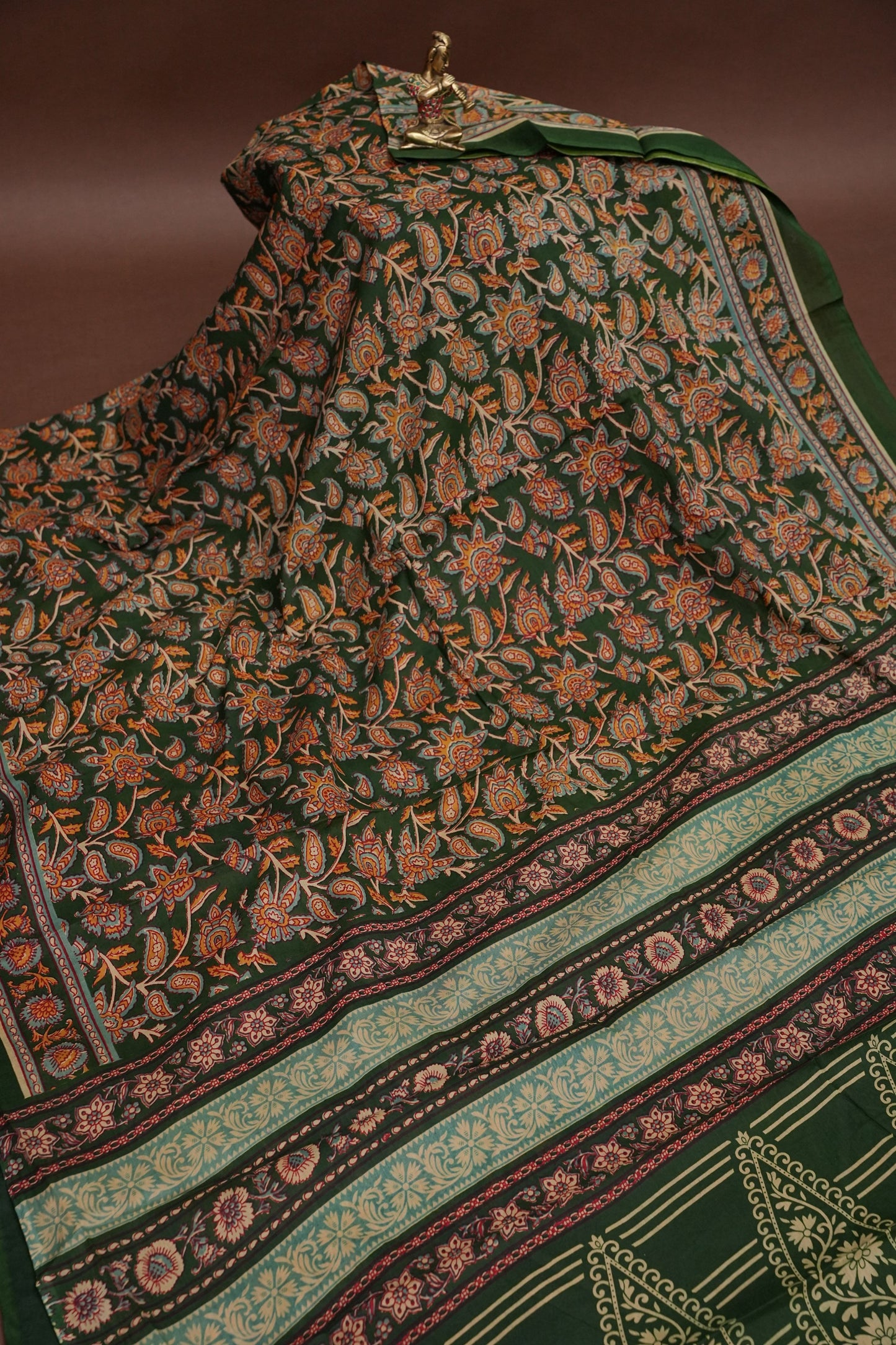 Kalamkari Cotton Saree – Deep Forest Green with Traditional Floral & Border Prints