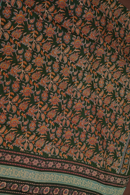 Kalamkari Cotton Saree – Deep Forest Green with Traditional Floral & Border Prints
