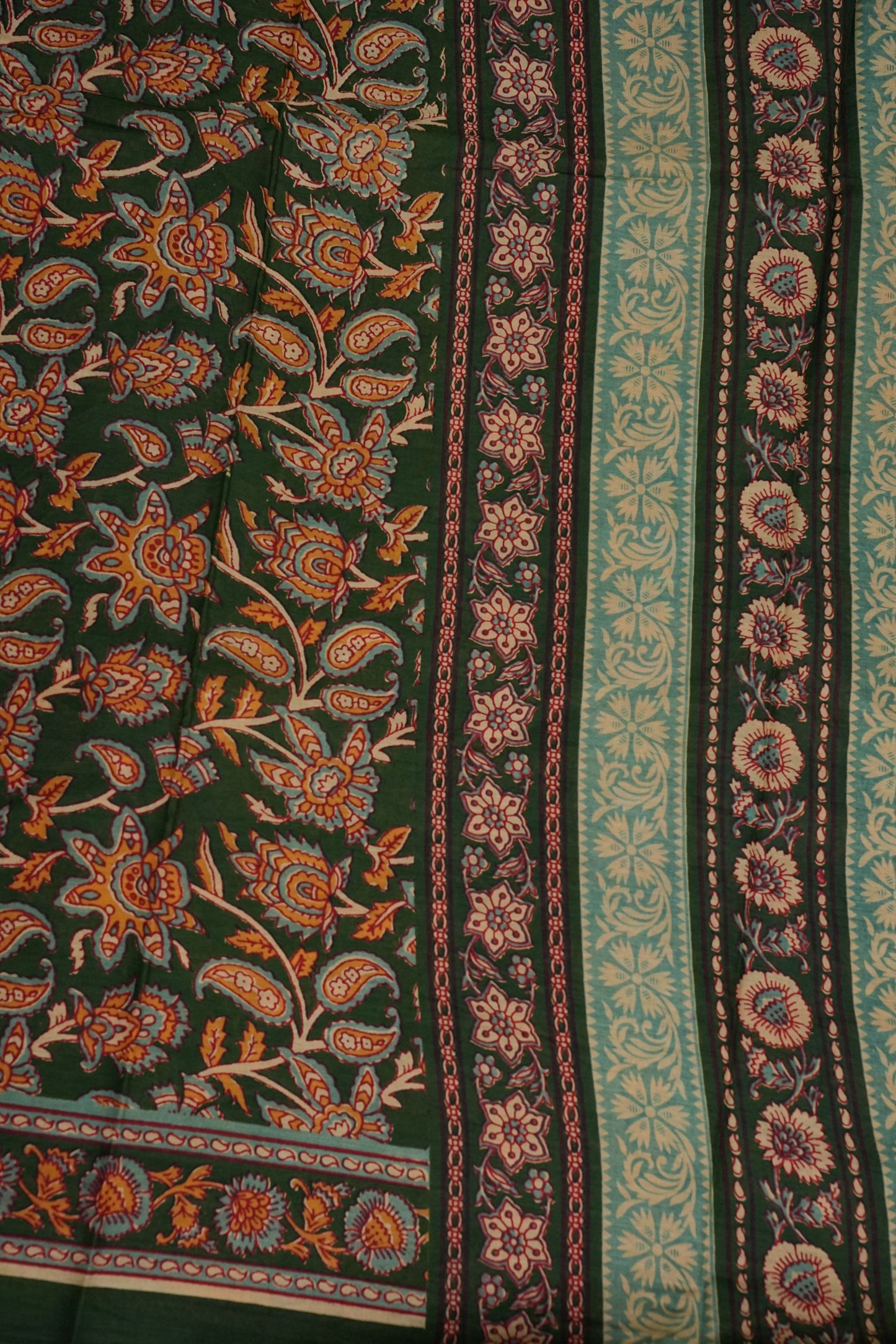 Kalamkari Cotton Saree – Deep Forest Green with Traditional Floral & Border Prints