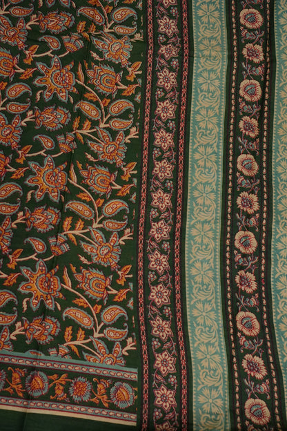 Kalamkari Cotton Saree – Deep Forest Green with Traditional Floral & Border Prints