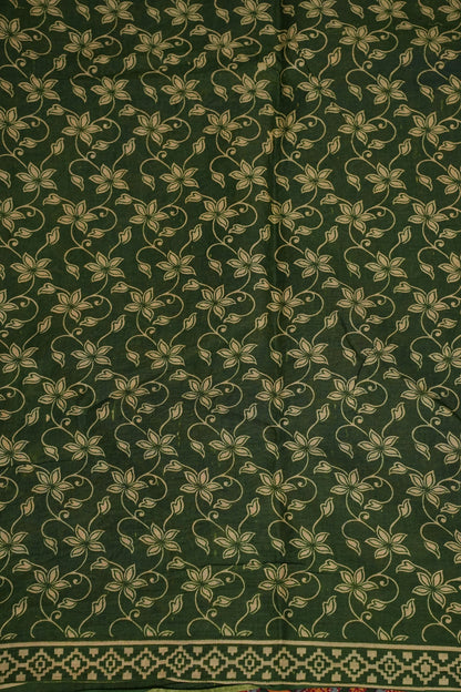 Kalamkari Cotton Saree – Deep Forest Green with Traditional Floral & Border Prints