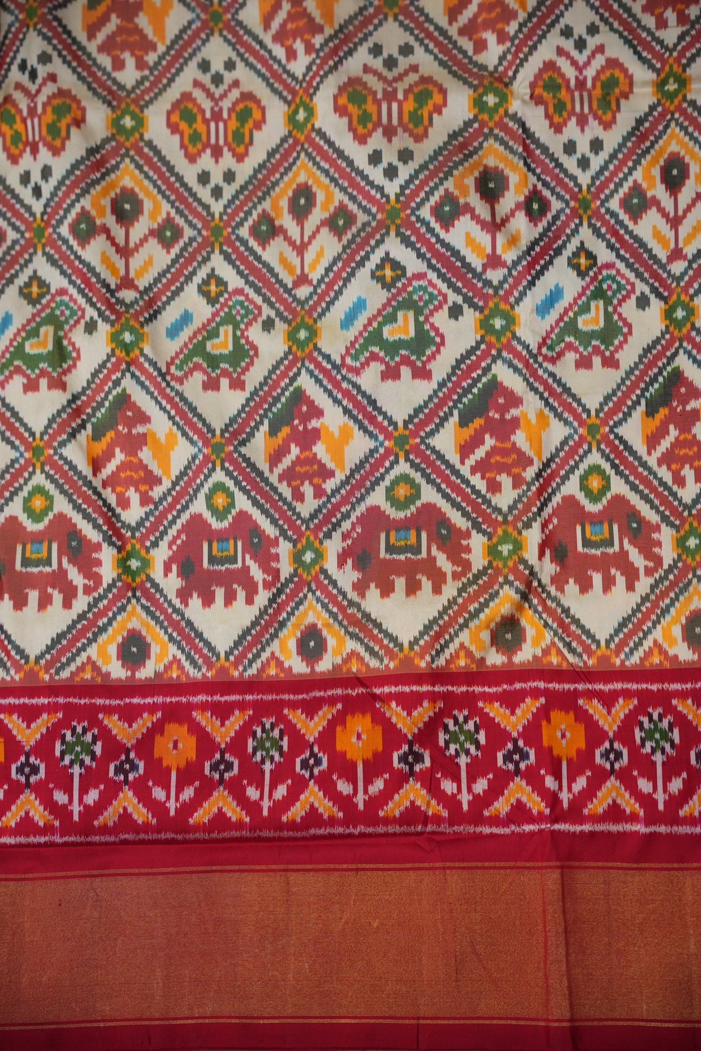 Pure Ikkat Soft Silk Saree - Ivory & Red