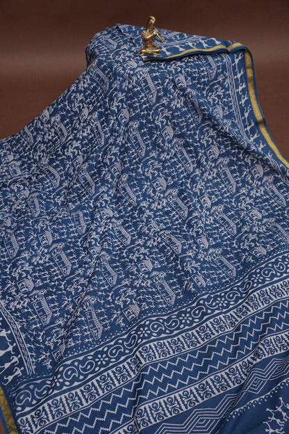Warli Print Cotton Saree – Indigo Blue with Traditional Tribal Art Motifs