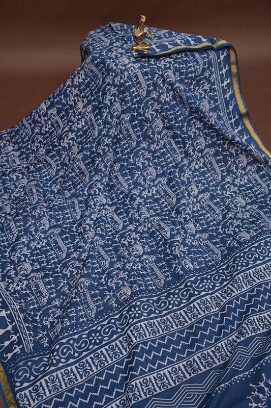 Warli Print Cotton Saree – Indigo Blue with Traditional Tribal Art Motifs