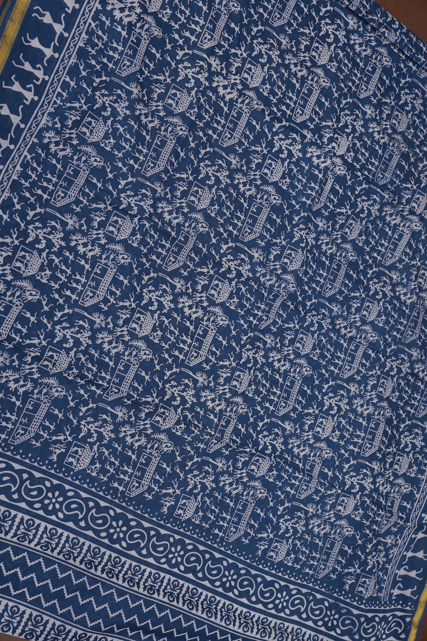 Warli Print Cotton Saree – Indigo Blue with Traditional Tribal Art Motifs