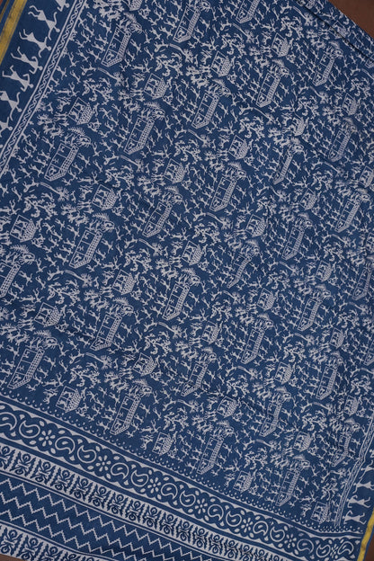 Warli Print Cotton Saree – Indigo Blue with Traditional Tribal Art Motifs