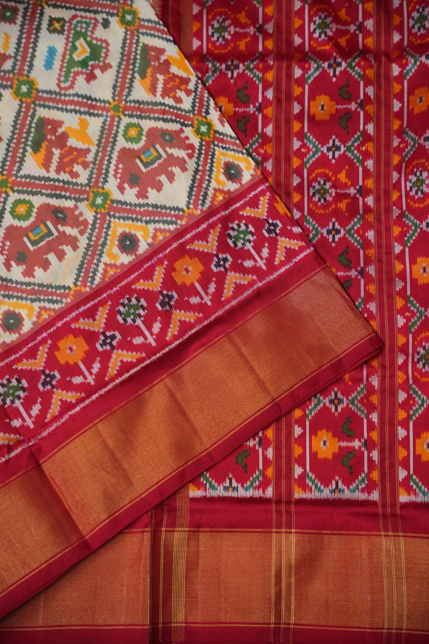 Pure Ikkat Soft Silk Saree - Ivory & Red