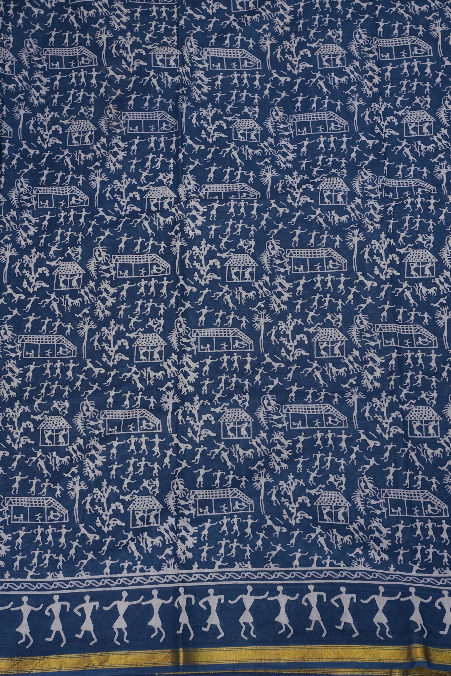Warli Print Cotton Saree – Indigo Blue with Traditional Tribal Art Motifs