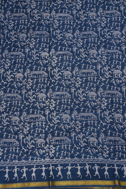 Warli Print Cotton Saree – Indigo Blue with Traditional Tribal Art Motifs