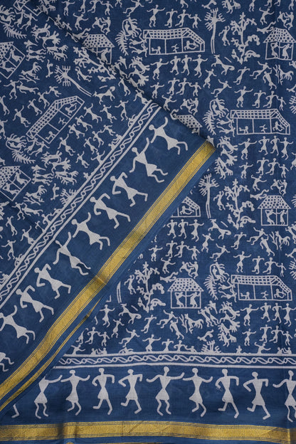 Warli Print Cotton Saree – Indigo Blue with Traditional Tribal Art Motifs