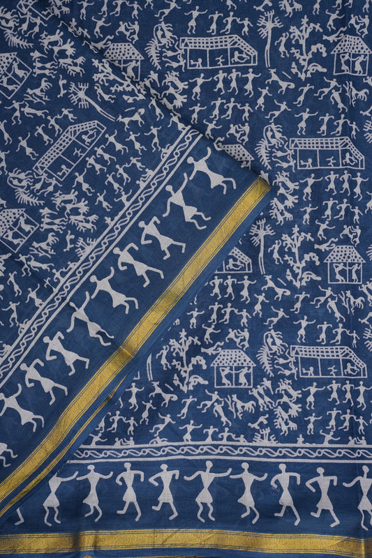 Warli Print Cotton Saree – Indigo Blue with Traditional Tribal Art Motifs