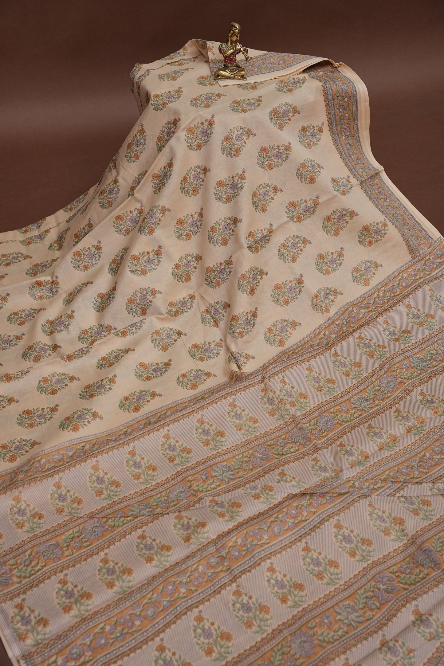Elegant Pastel Floral cotton Saree – Soft Ivory with Multicolor Woven Buttas