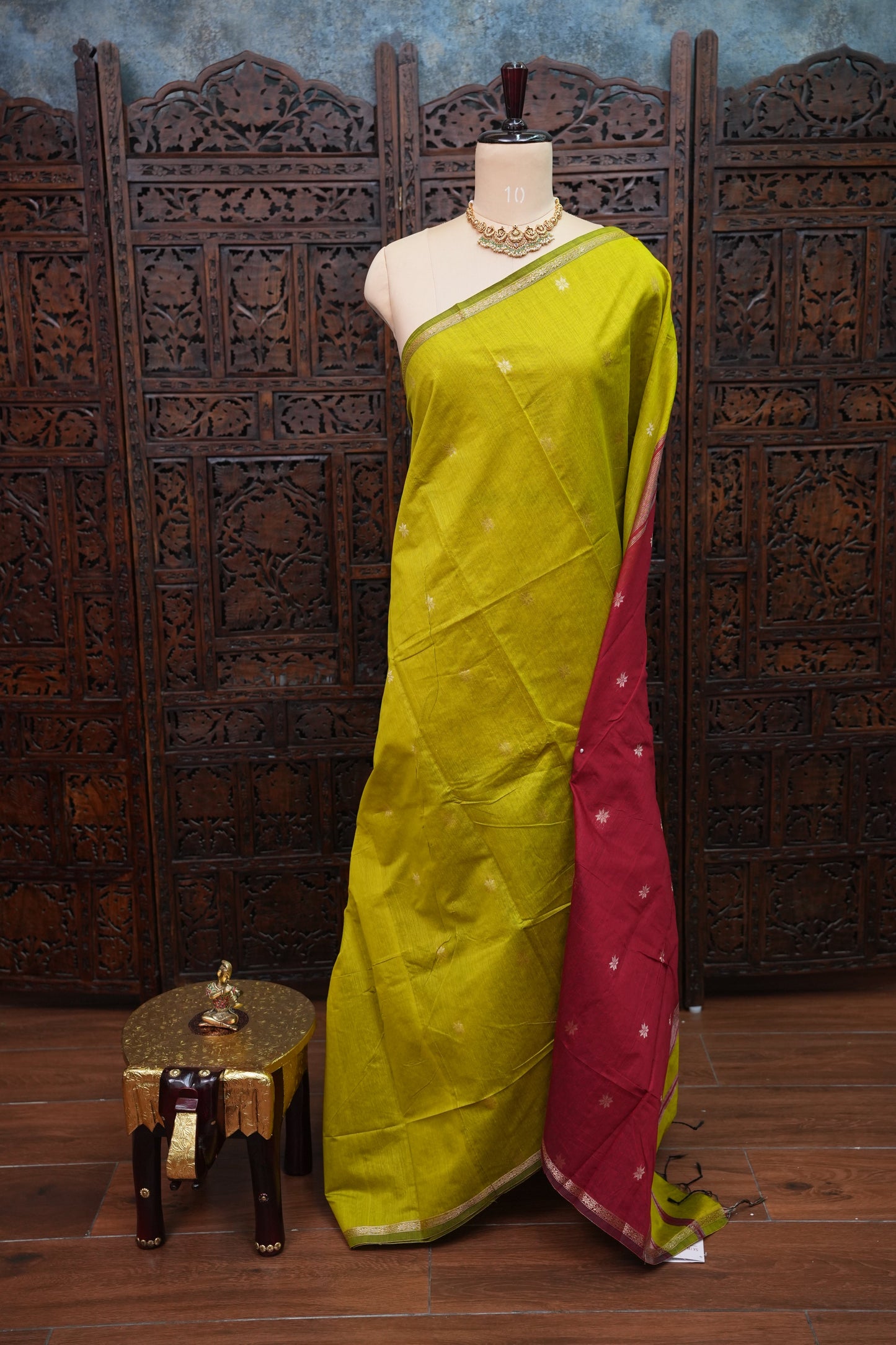 Maheshwari Silk Cotton Saree | Green and Deep red