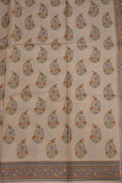 Elegant Pastel Floral cotton Saree – Soft Ivory with Multicolor Woven Buttas