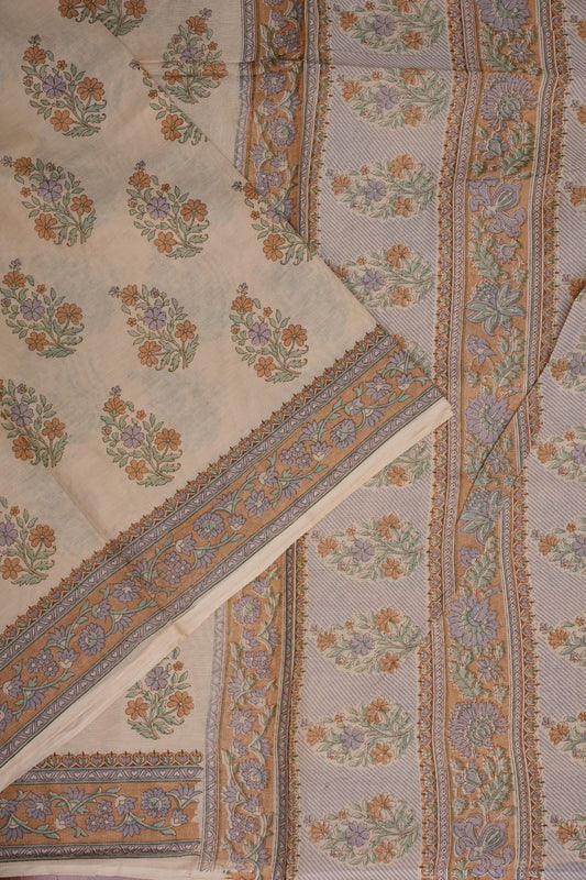 Elegant Pastel Floral cotton Saree – Soft Ivory with Multicolor Woven Buttas