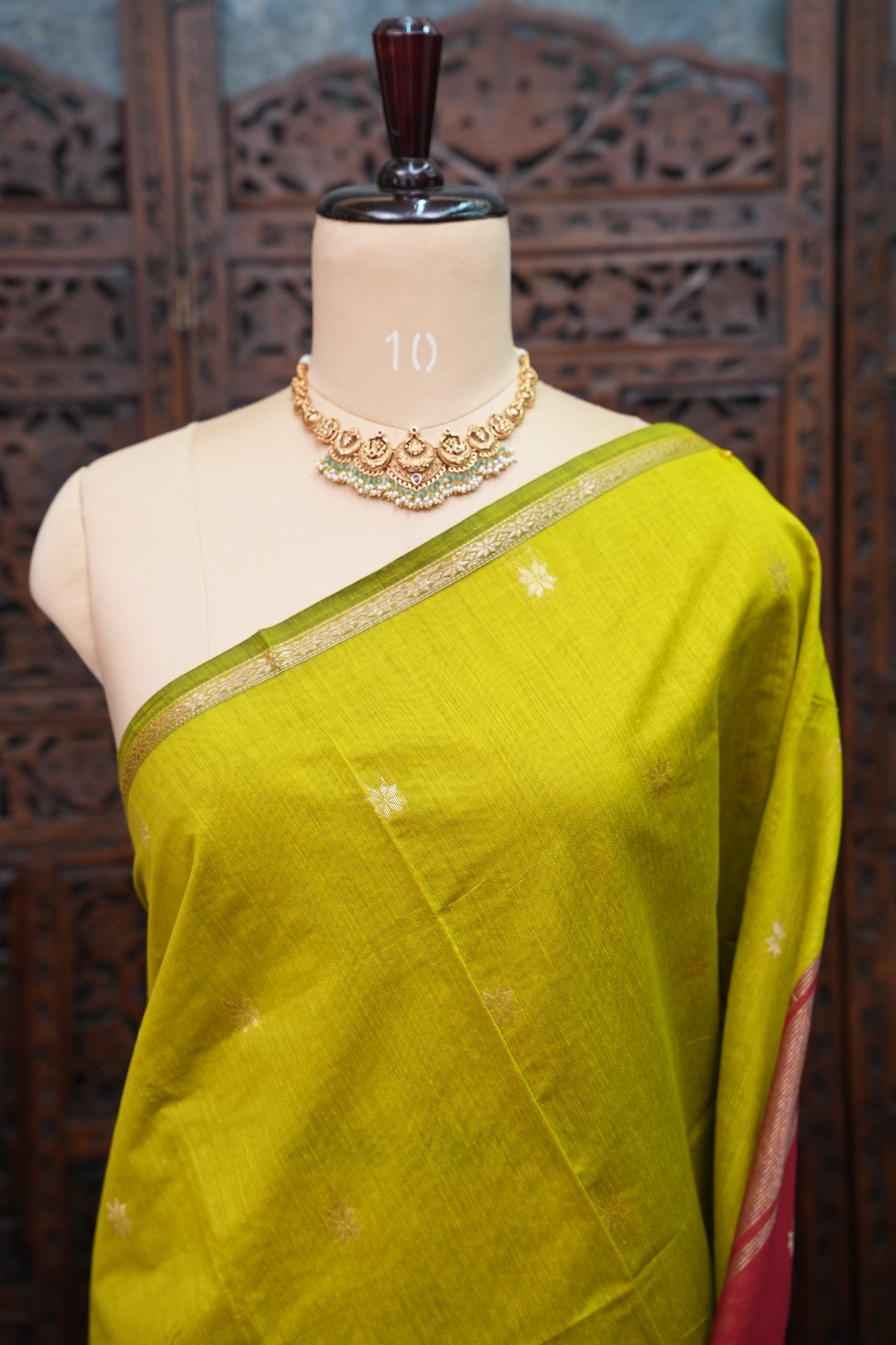 Maheshwari Silk Cotton Saree | Green and Deep red