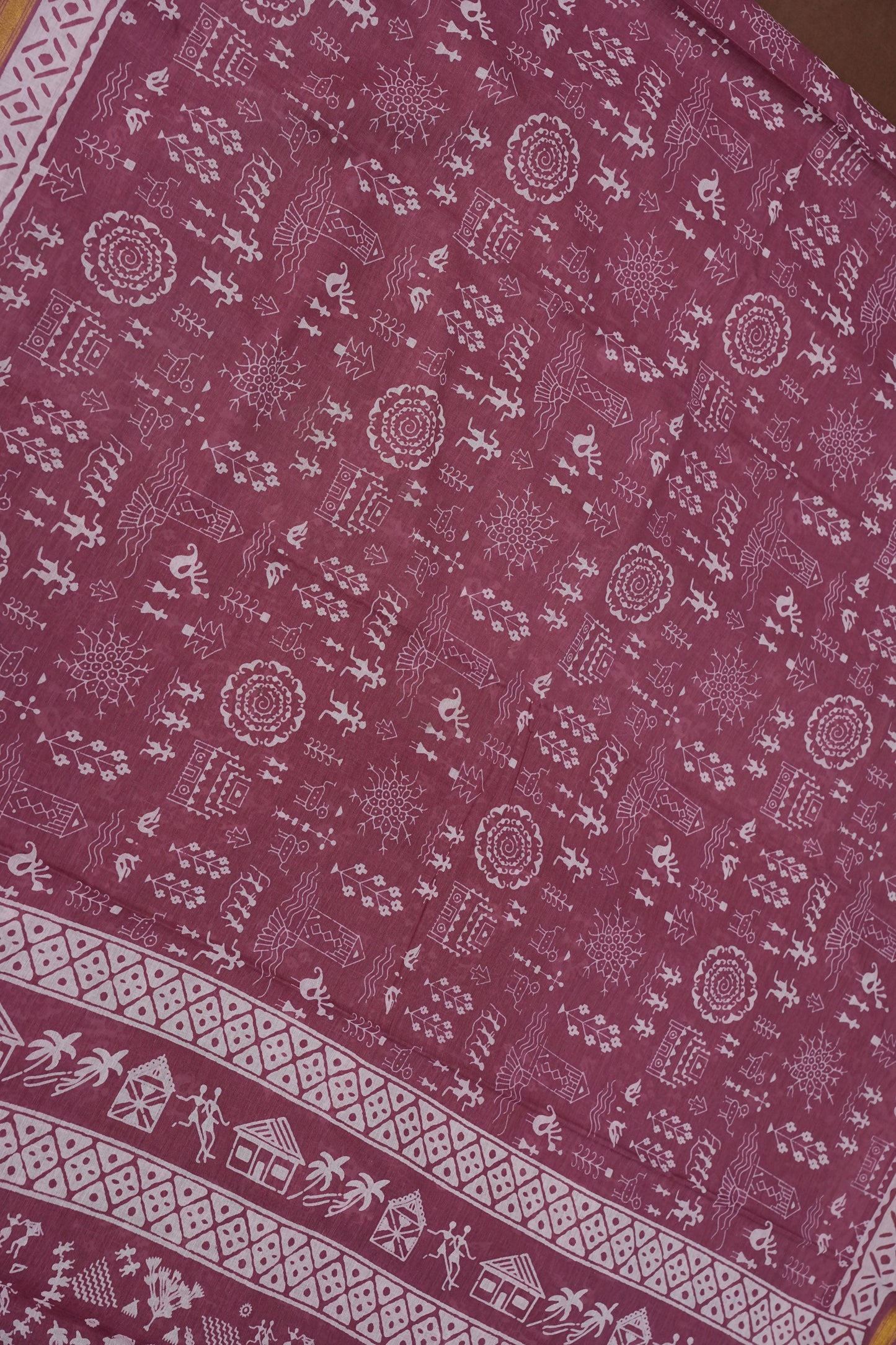 Rustic Charm Handloom cotton Saree – Dusty Rose with Tribal-Inspired Motifs