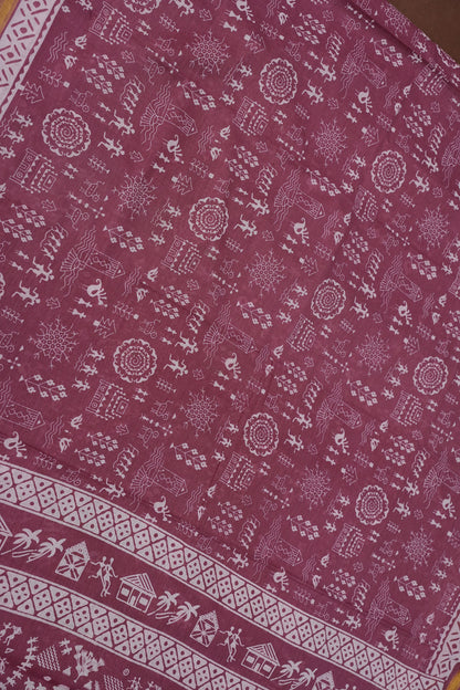 Rustic Charm Handloom cotton Saree – Dusty Rose with Tribal-Inspired Motifs