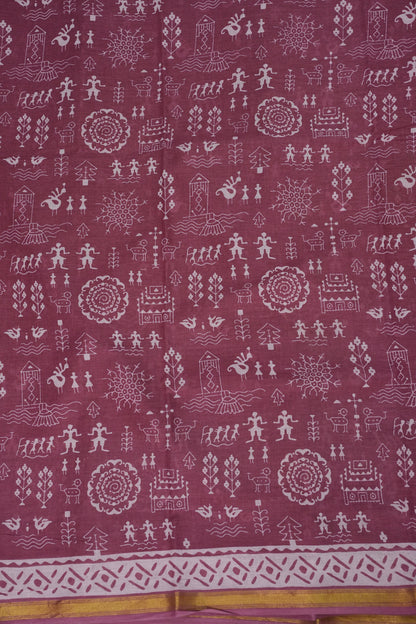 Rustic Charm Handloom cotton Saree – Dusty Rose with Tribal-Inspired Motifs