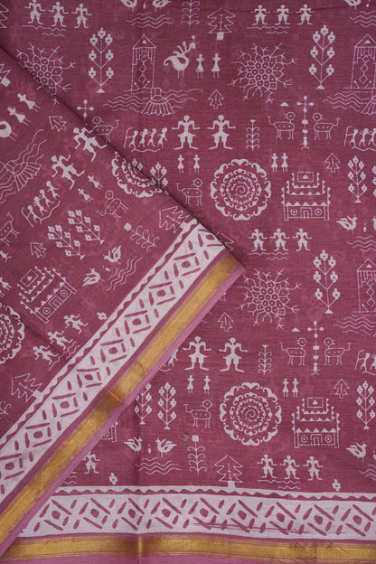 Rustic Charm Handloom cotton Saree – Dusty Rose with Tribal-Inspired Motifs