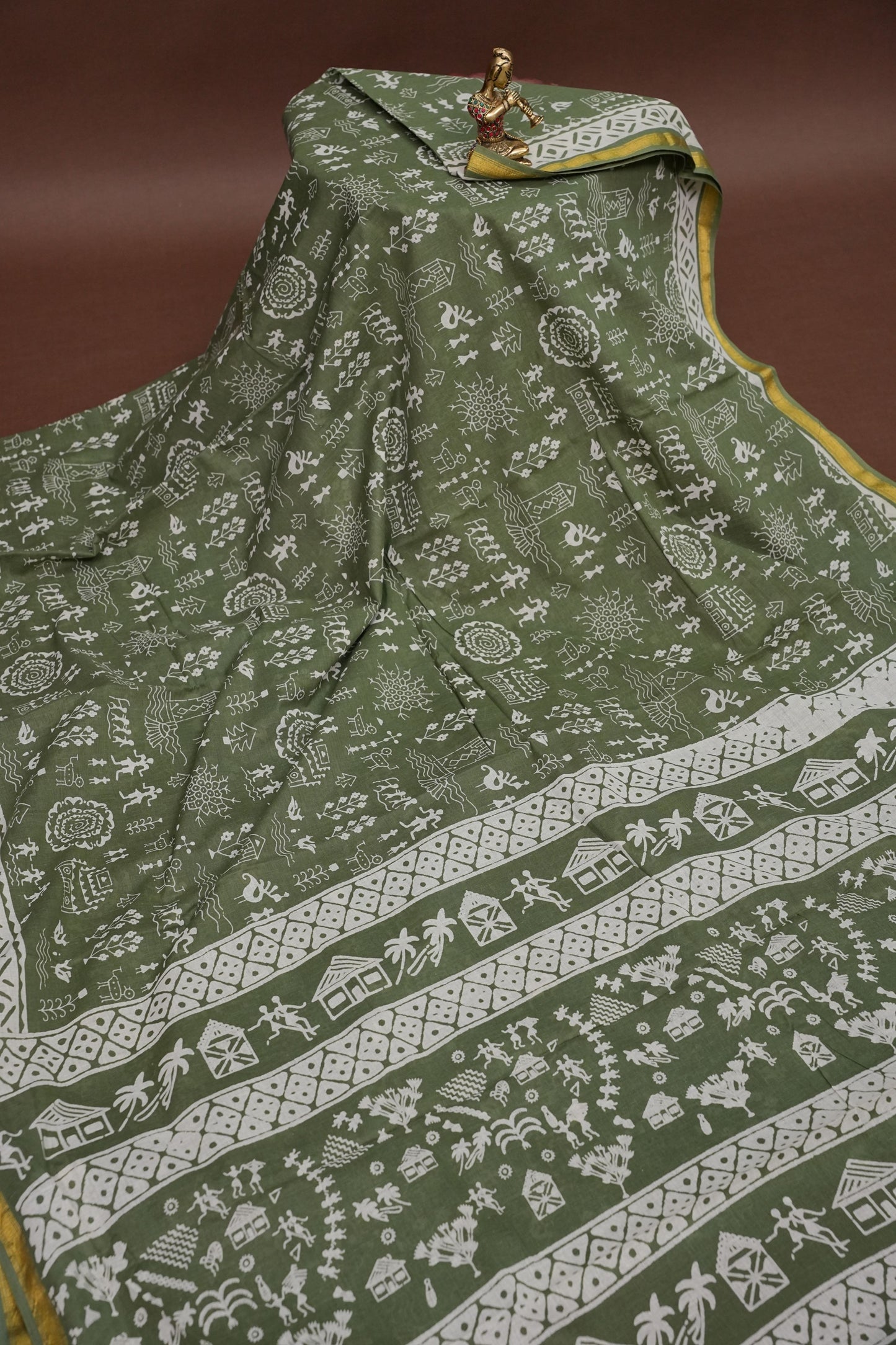 Earthy Elegance Handloom cotton Saree – Olive Green with Tribal Motifs