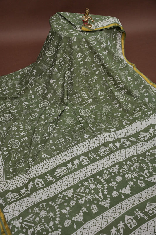 Earthy Elegance Handloom cotton Saree – Olive Green with Tribal Motifs