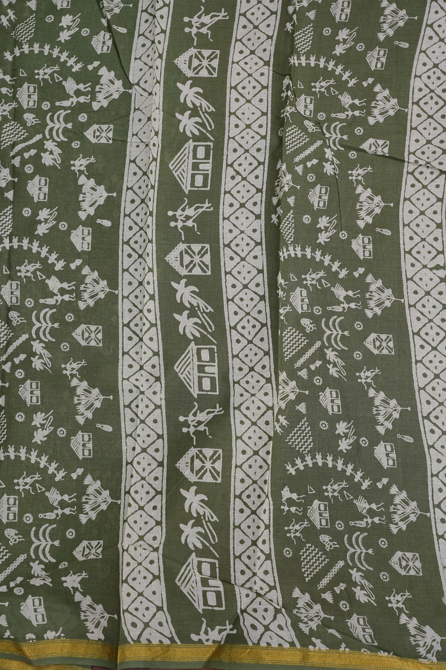 Earthy Elegance Handloom cotton Saree – Olive Green with Tribal Motifs