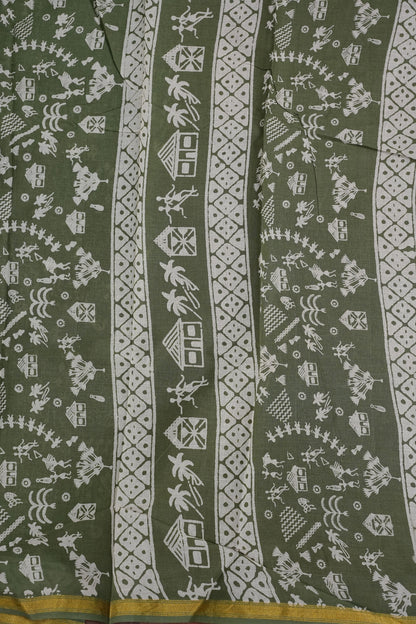 Earthy Elegance Handloom cotton Saree – Olive Green with Tribal Motifs