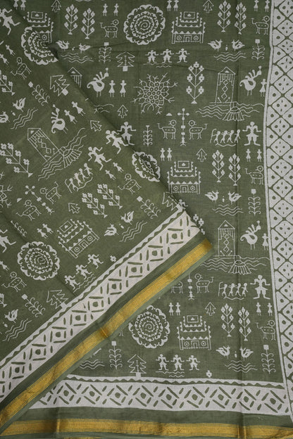 Earthy Elegance Handloom cotton Saree – Olive Green with Tribal Motifs