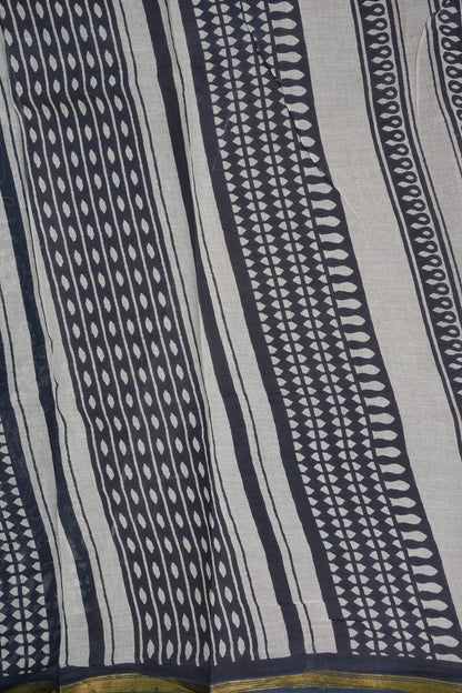 Indigo Grey Handloom cotton Saree – Tribal Motifs with Contemporary Stripes