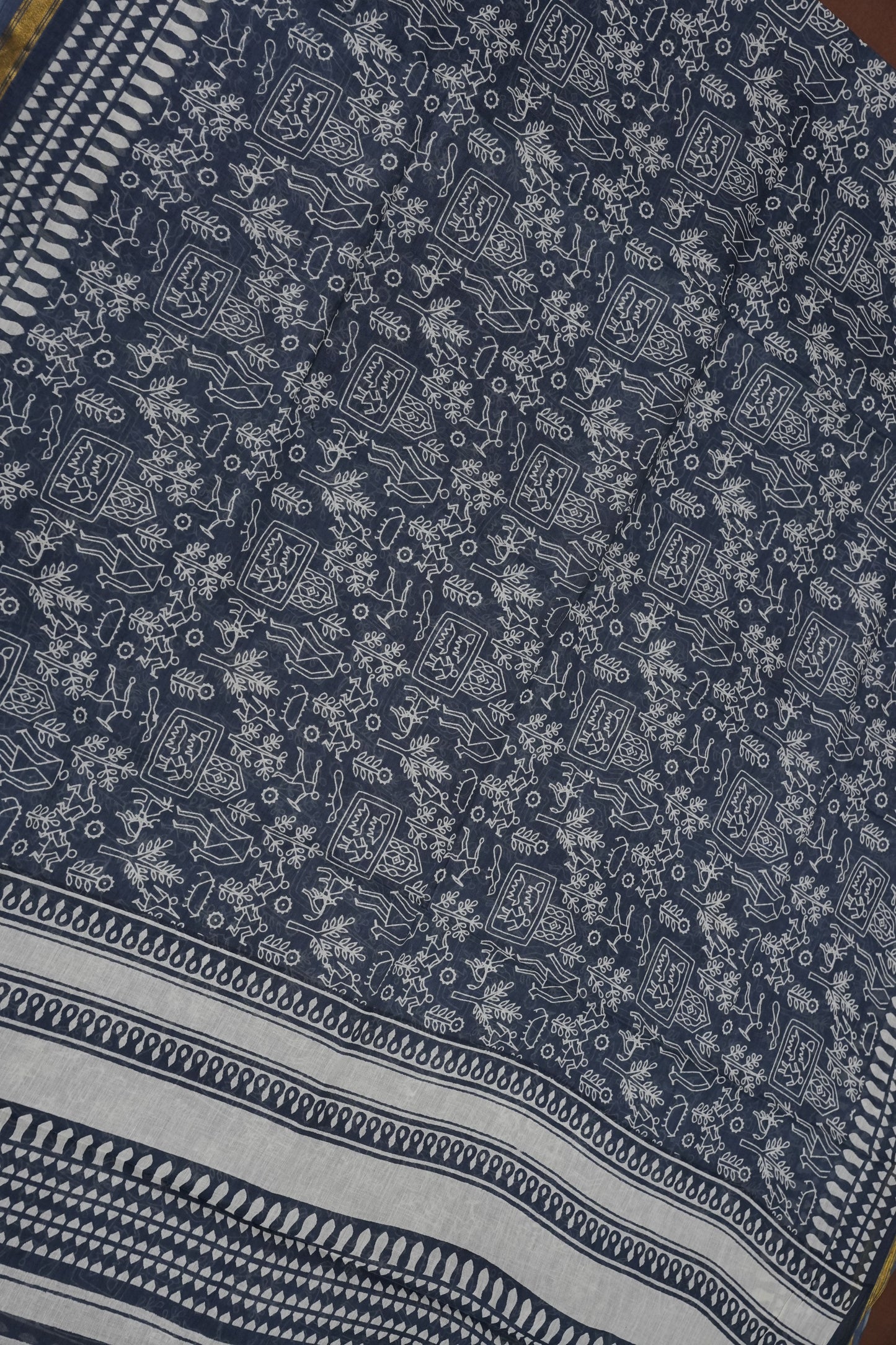 Indigo Grey Handloom cotton Saree – Tribal Motifs with Contemporary Stripes