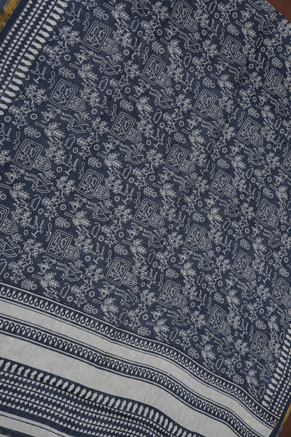 Indigo Grey Handloom cotton Saree – Tribal Motifs with Contemporary Stripes