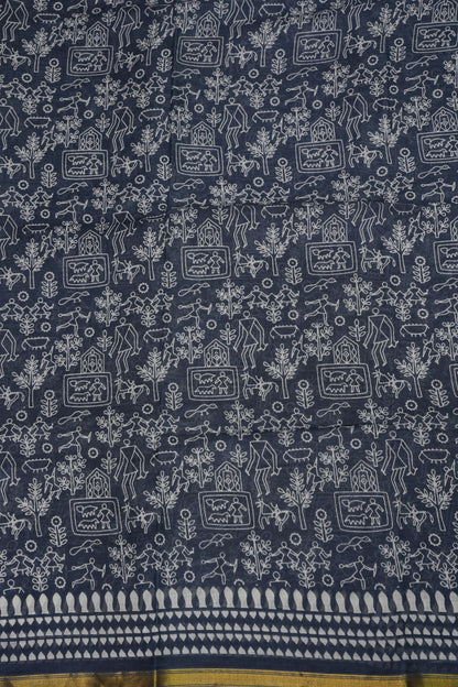 Indigo Grey Handloom cotton Saree – Tribal Motifs with Contemporary Stripes