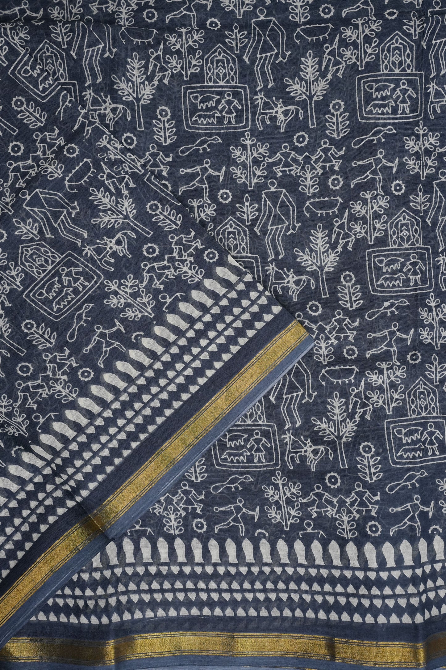 Indigo Grey Handloom cotton Saree – Tribal Motifs with Contemporary Stripes