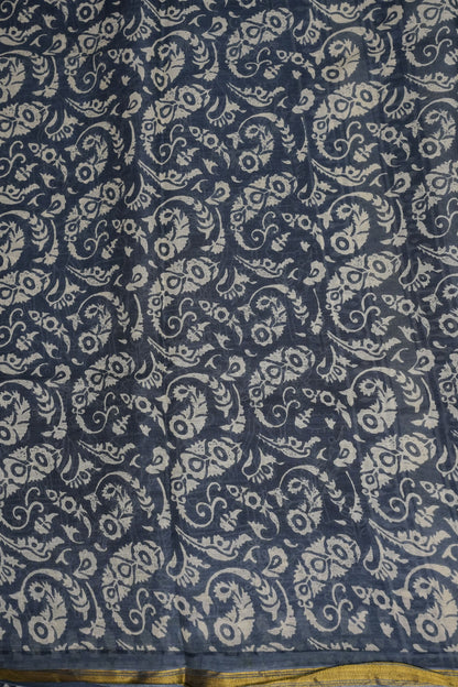 Indigo Grey Handloom cotton Saree – Tribal Motifs with Contemporary Stripes