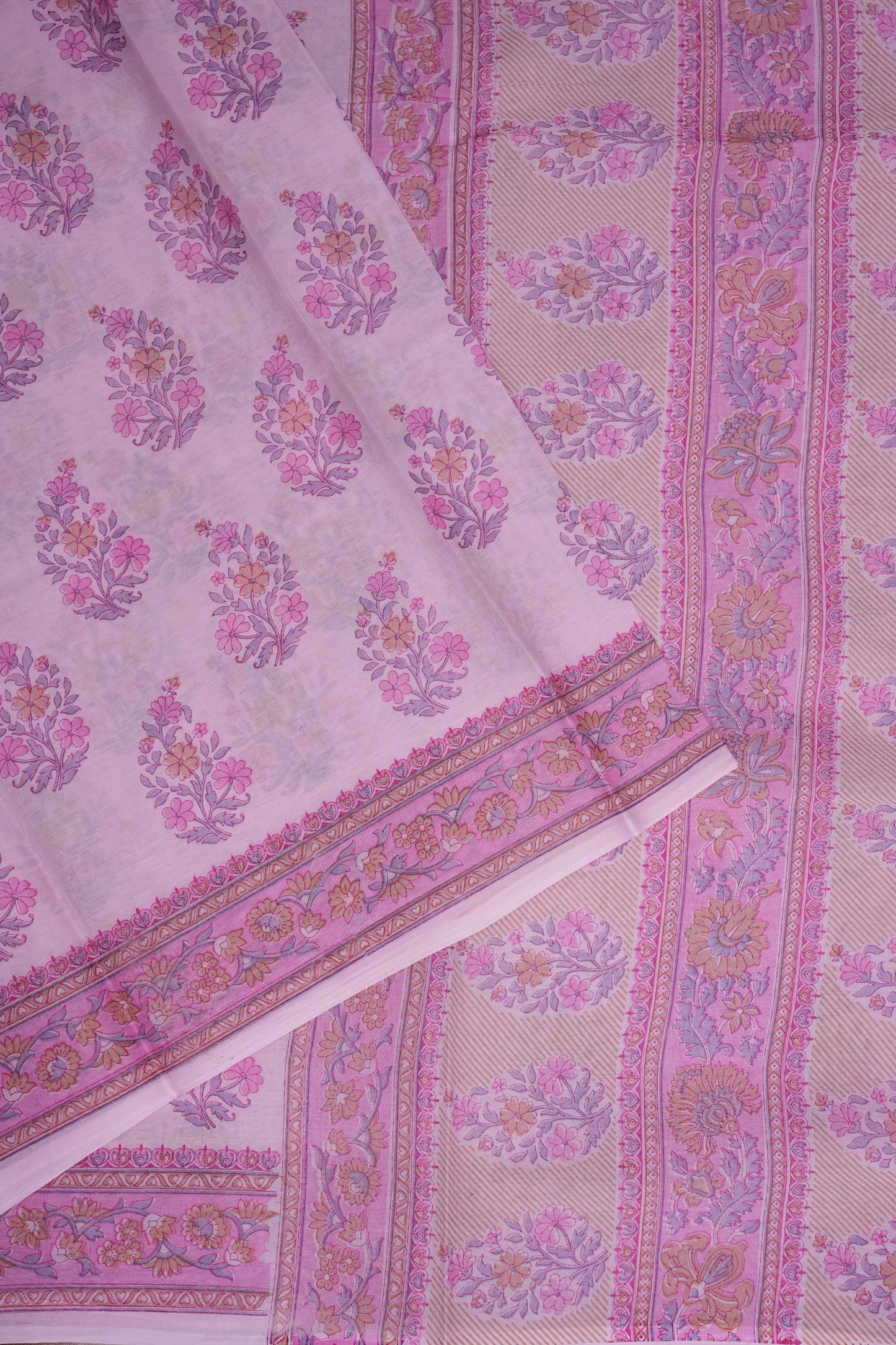 Soft Pastel Floral cotton Saree – Blush Pink with Delicate Multicolour Buttas