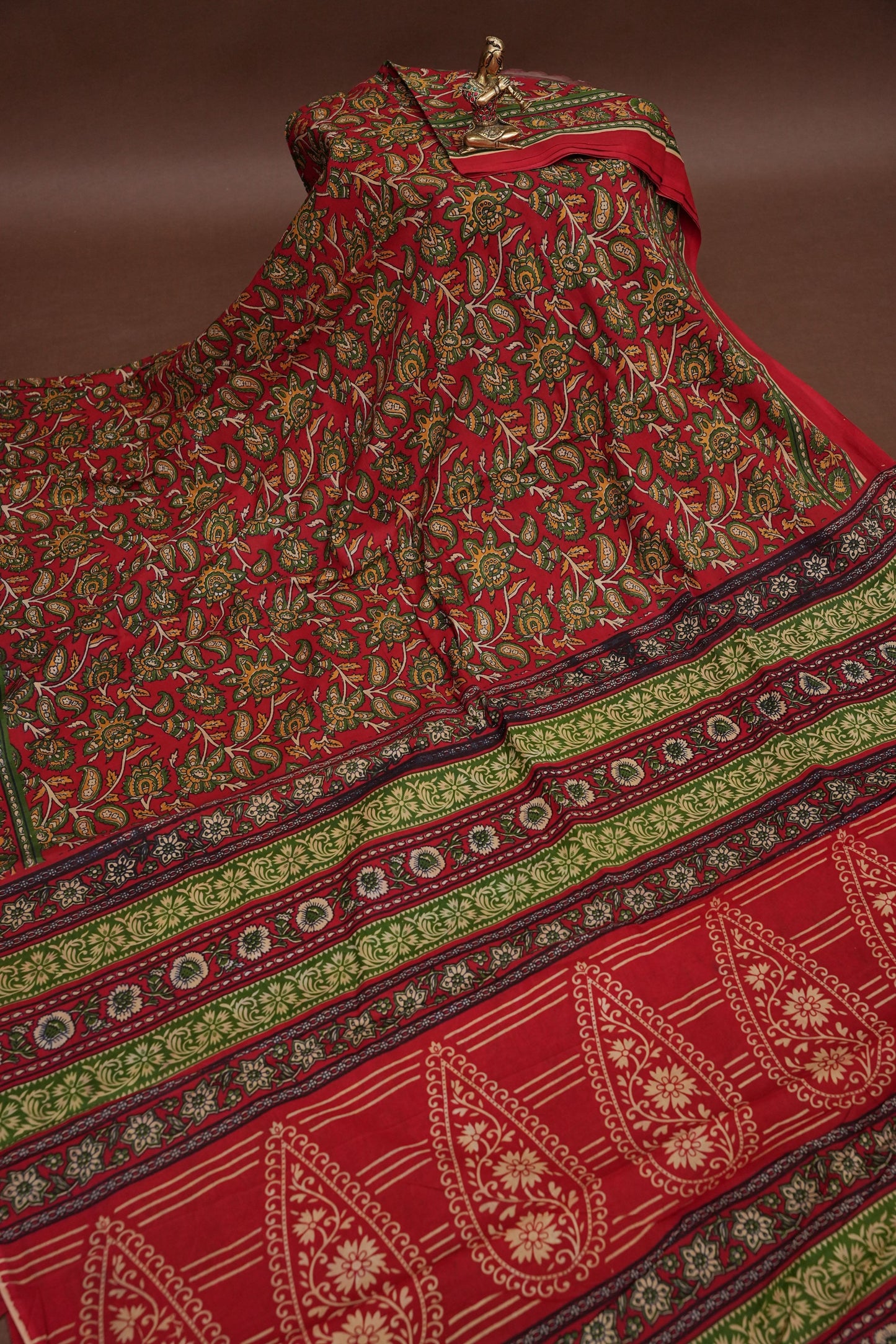 Traditional Kalamkari Style cotton Saree – Deep Red with Intricate Floral & Border Design