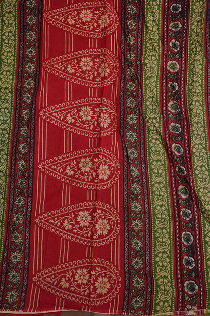 Traditional Kalamkari Style cotton Saree – Deep Red with Intricate Floral & Border Design