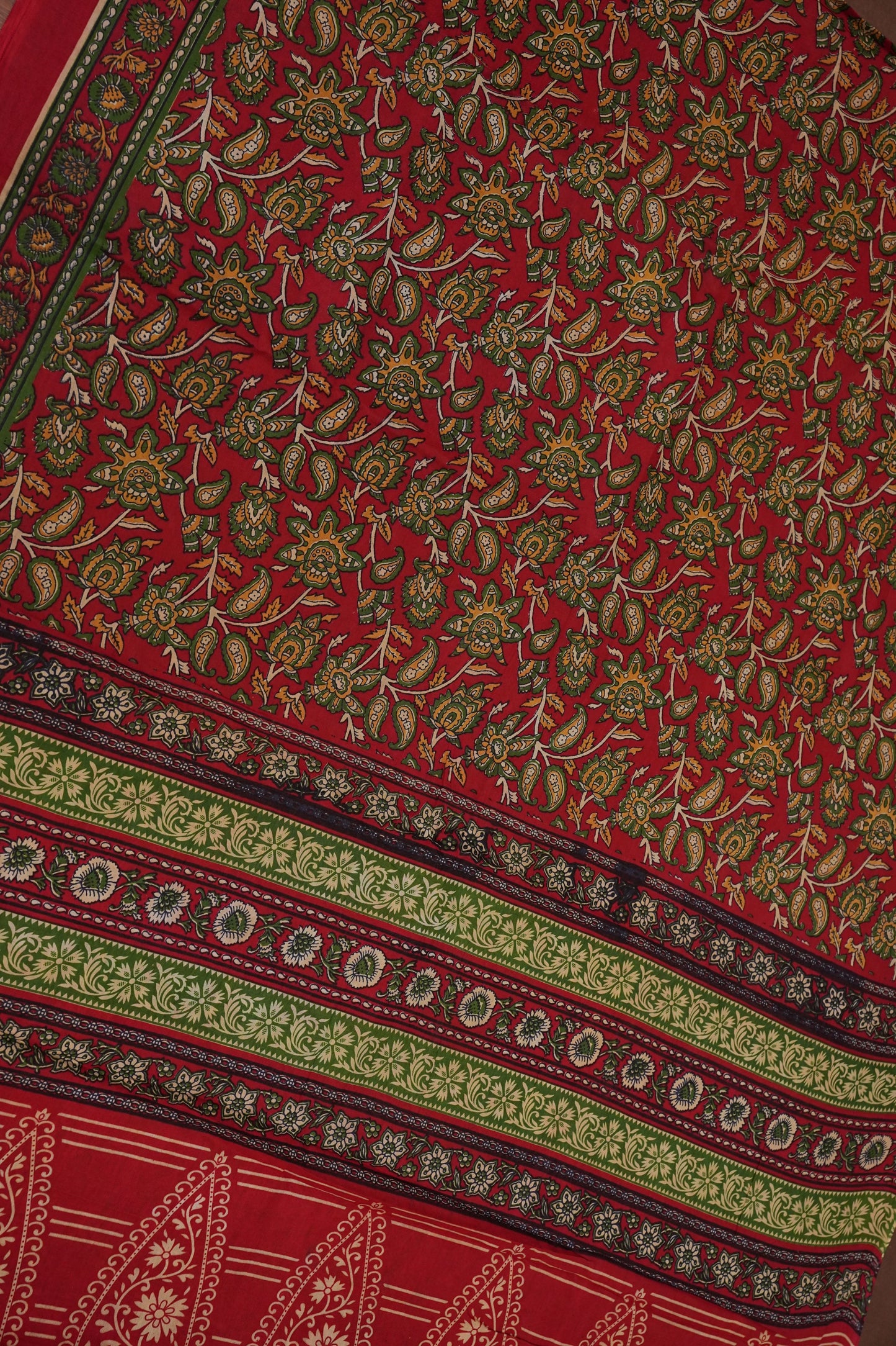 Traditional Kalamkari Style cotton Saree – Deep Red with Intricate Floral & Border Design