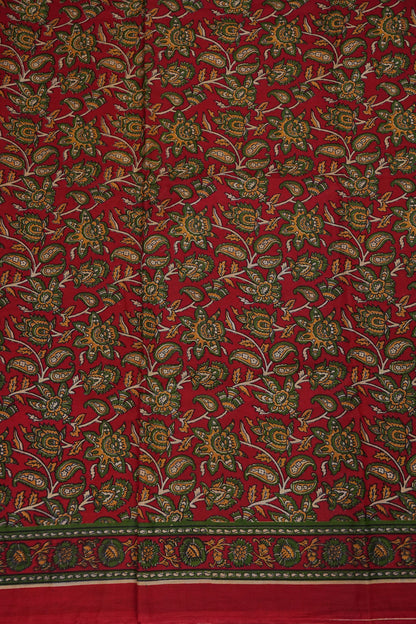 Traditional Kalamkari Style cotton Saree – Deep Red with Intricate Floral & Border Design