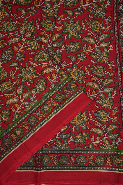 Traditional Kalamkari Style cotton Saree – Deep Red with Intricate Floral & Border Design