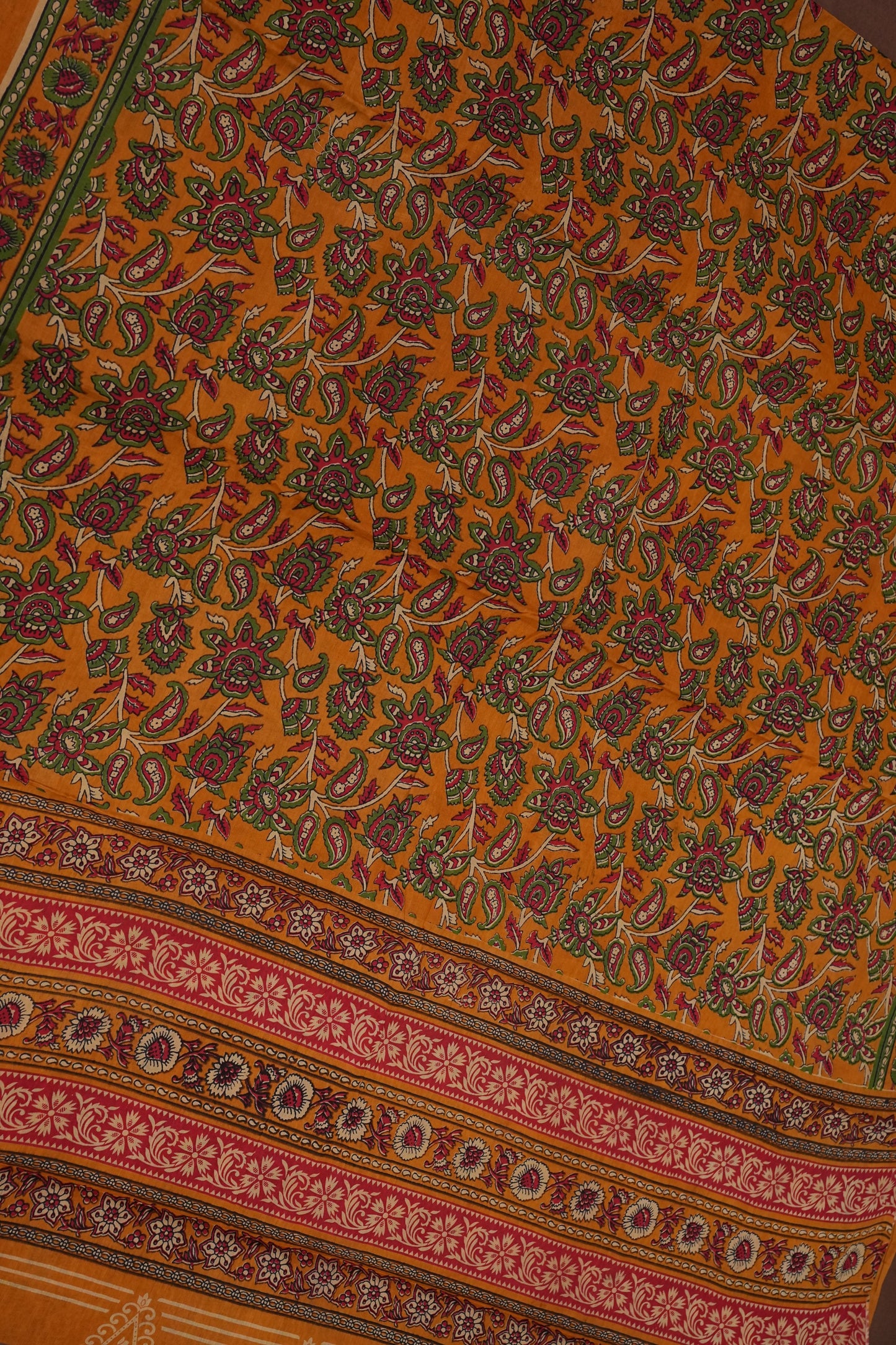 Kalamkari Inspired Cotton Saree – Mustard Yellow with Floral Heritage Prints
