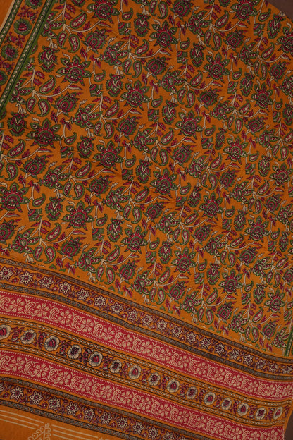 Kalamkari Inspired Cotton Saree – Mustard Yellow with Floral Heritage Prints