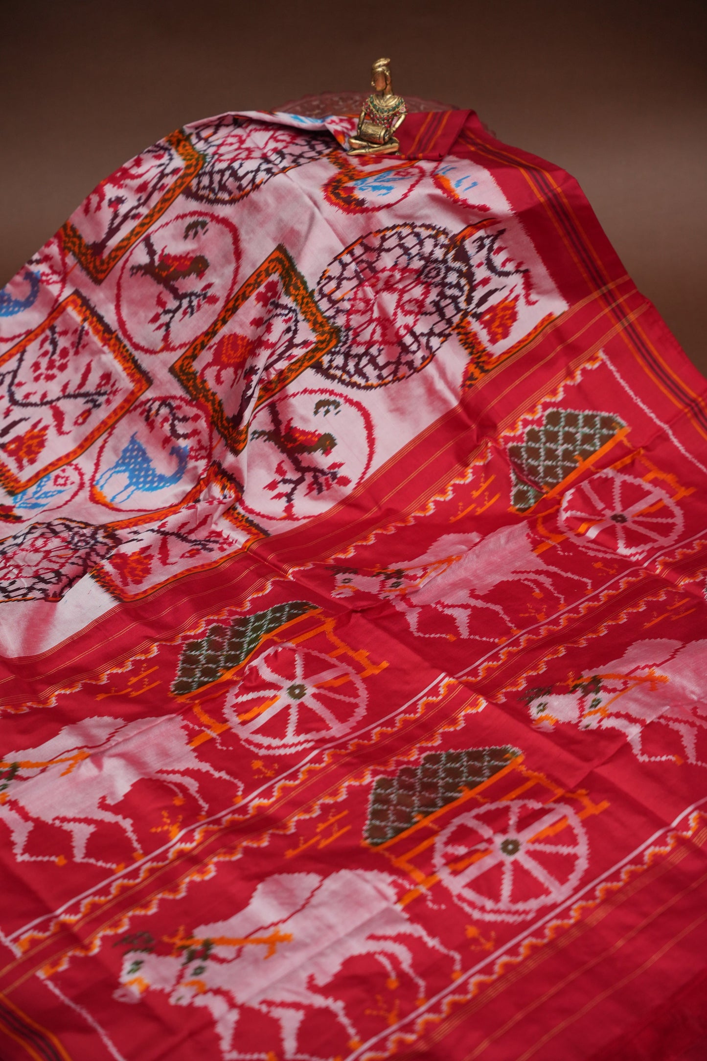Pure Ikkat Soft Silk Saree - Baby Pink & Red