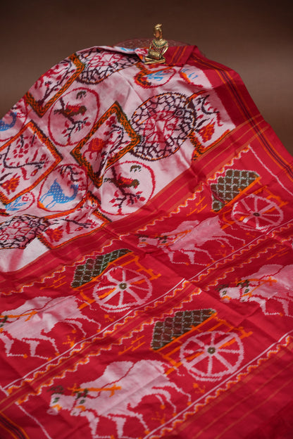 Pure Ikkat Soft Silk Saree - Baby Pink & Red